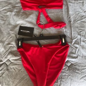 High wasted red bathing suit bottoms